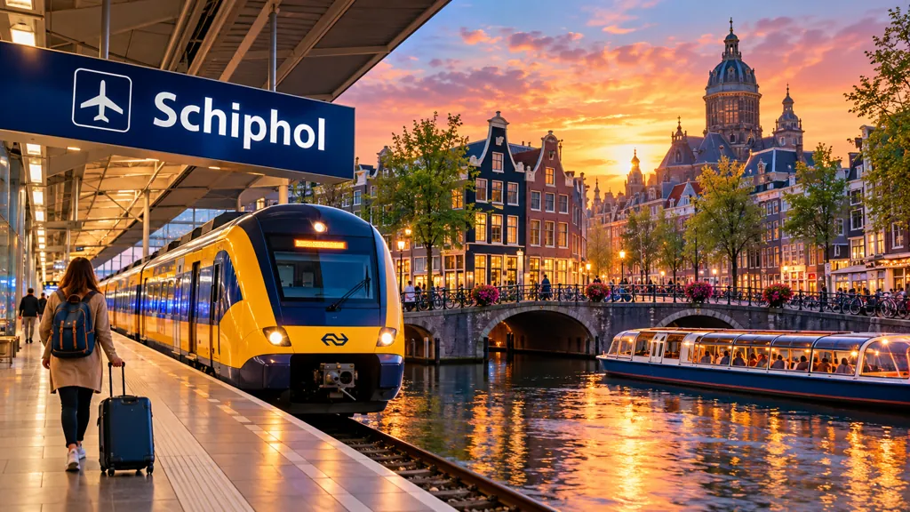 Descubre cómo llegar del aeropuerto de Ámsterdam al centro en tren, autobús, taxi o traslado privado con precios, tiempos y consejos útiles.