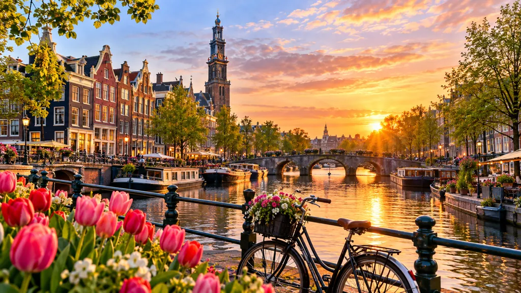 Canal de Ámsterdam al atardecerોધ